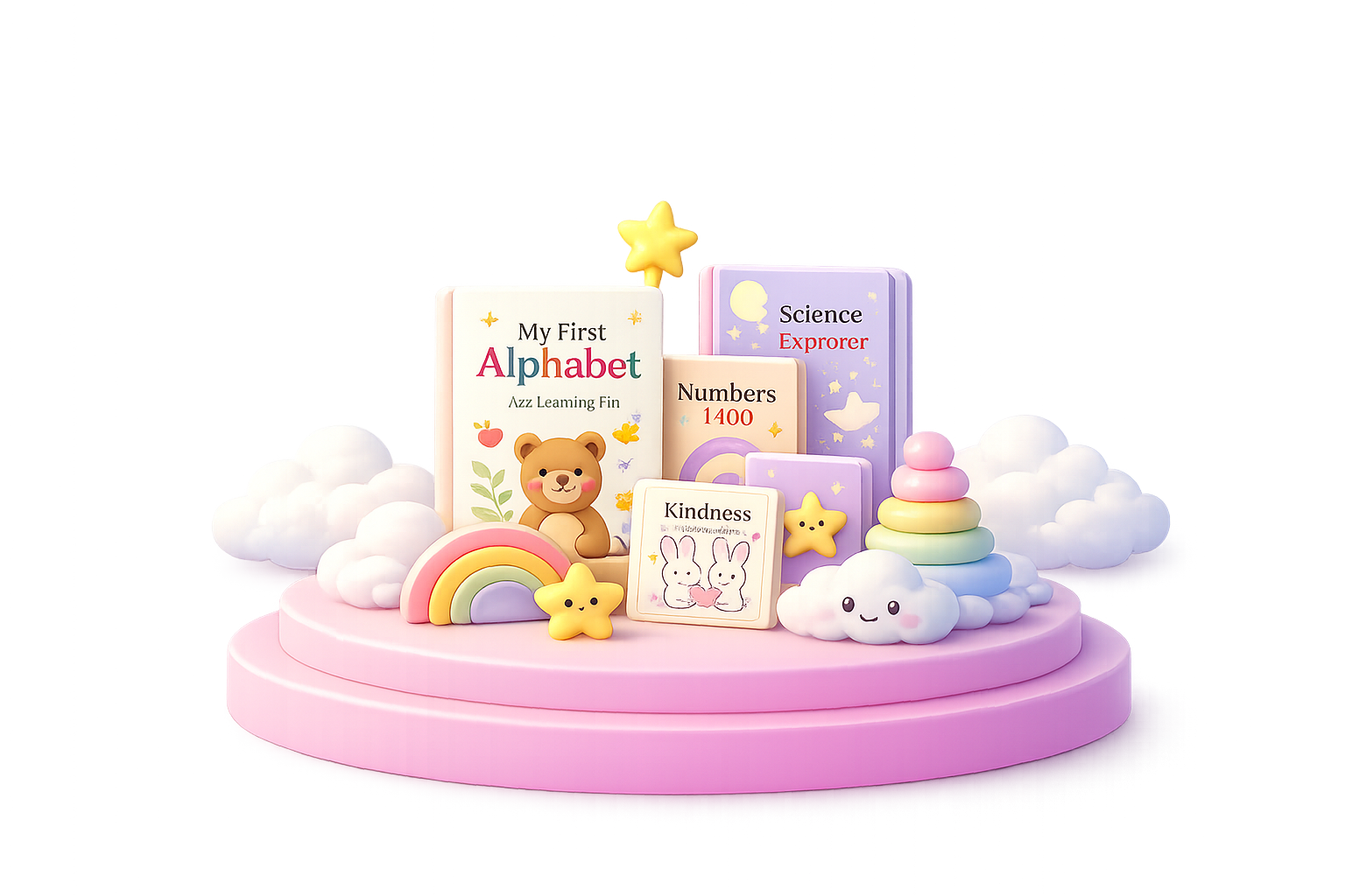 Soft pastel Startwise learning resources illustration with books, rainbow, stars, toys, bear, bunny, cloud, and smooth fade background