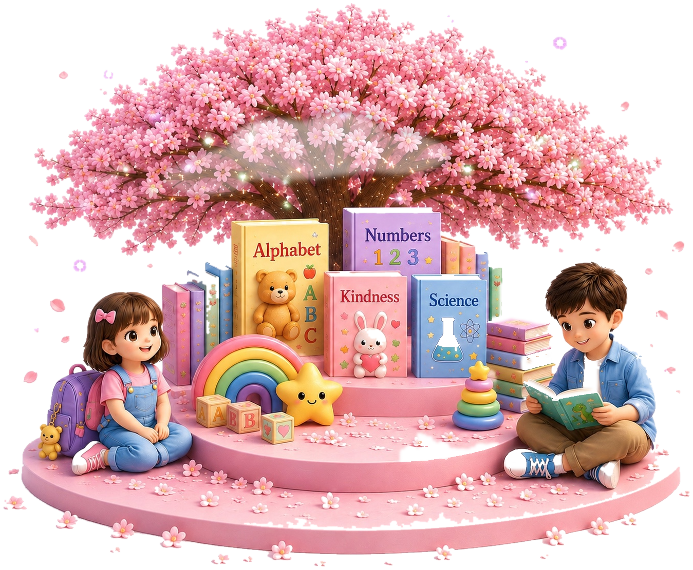 Soft pastel Startwise learning resources illustration with books, rainbow, stars, toys, bear, bunny, cloud, and smooth fade background