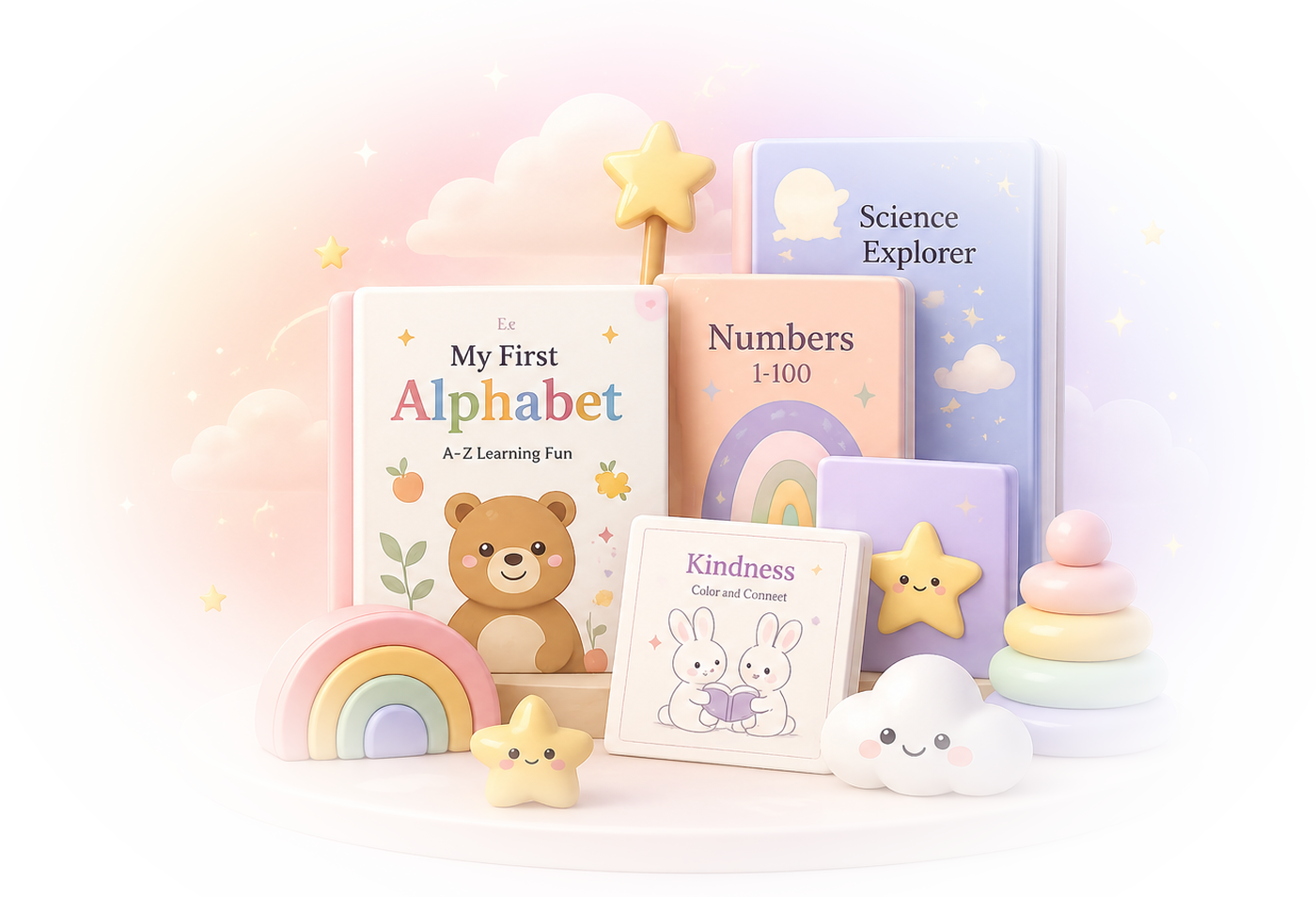 Soft pastel Startwise learning resources illustration with books, rainbow, stars, toys, bear, bunny, cloud, and smooth fade background